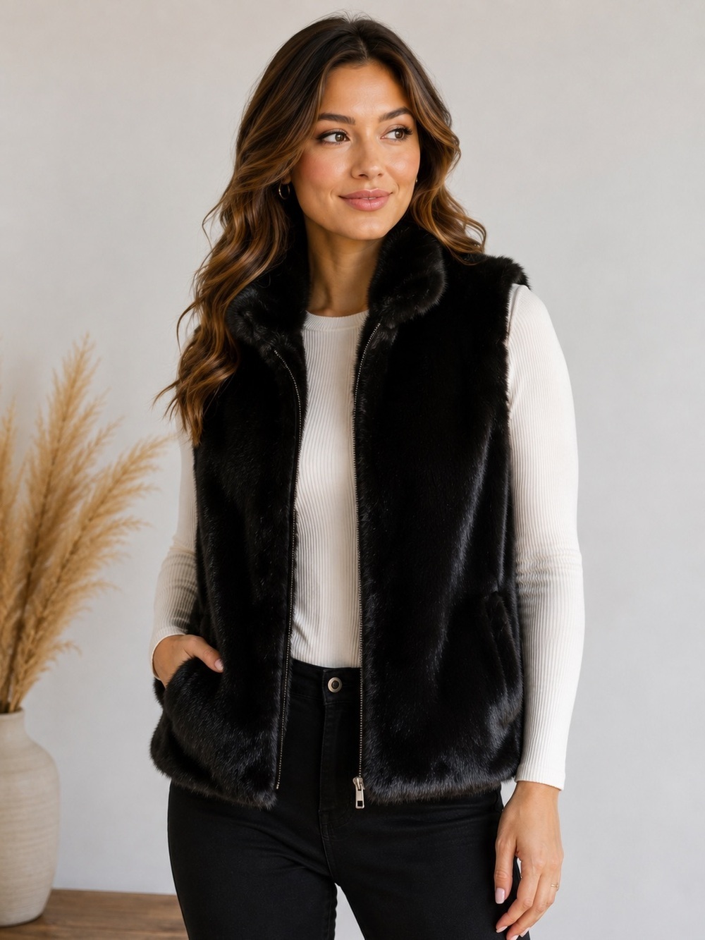 Vince Camuto Black Faux Fur Vest Women’s One Size Open Front Soft Plush Layering